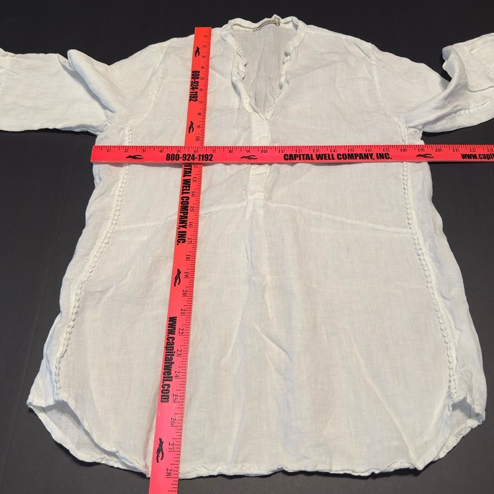 Laura Bianchi Luxury Linen Popover Tunic Med White Cover Up Shirt Italy Pom Pom - Picture 4 of 10